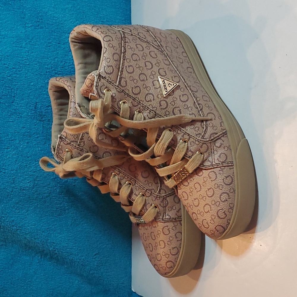 Guess High Top Sneakers, Women's Shoes, Wedge Sneaker, Brown High Top Shoe, Tan - Picture 2 of 10